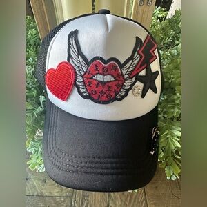 Boogie Fun L-V Trucker Hat Black/Red Patches Heart Star OS Adjustable